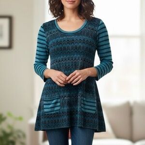 Frank Lyman Tunic Top Geometric Stripe Knit Mod Retro A-Line Y2K Artsy Hippie
